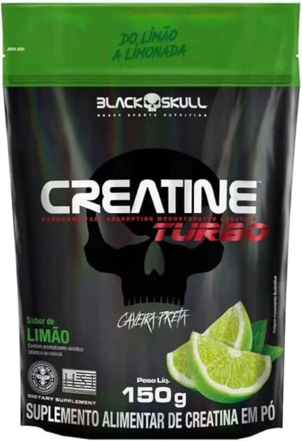 Creatine Turbo BlackSkull - Creatina Monohidratada em pó, com carboidrato para melhor absorção e performance (150g Refil, Limão)