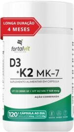 Vitamina D3 + K2 Longa Duração: 4 Meses Uso, 2000UI D3, 149mcg Vitamina K2 MK-7, 120 Cápsulas, Fortalvit