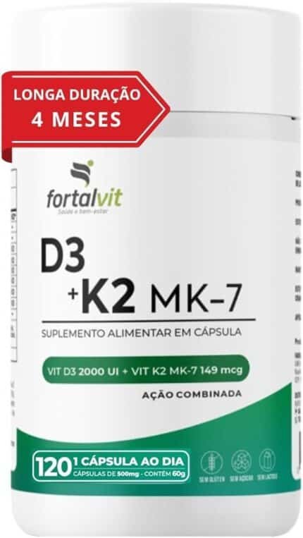 Vitamina D3 + K2 Longa Duração: 4 Meses Uso, 2000UI D3, 149mcg Vitamina K2 MK-7, 120 Cápsulas, Fortalvit